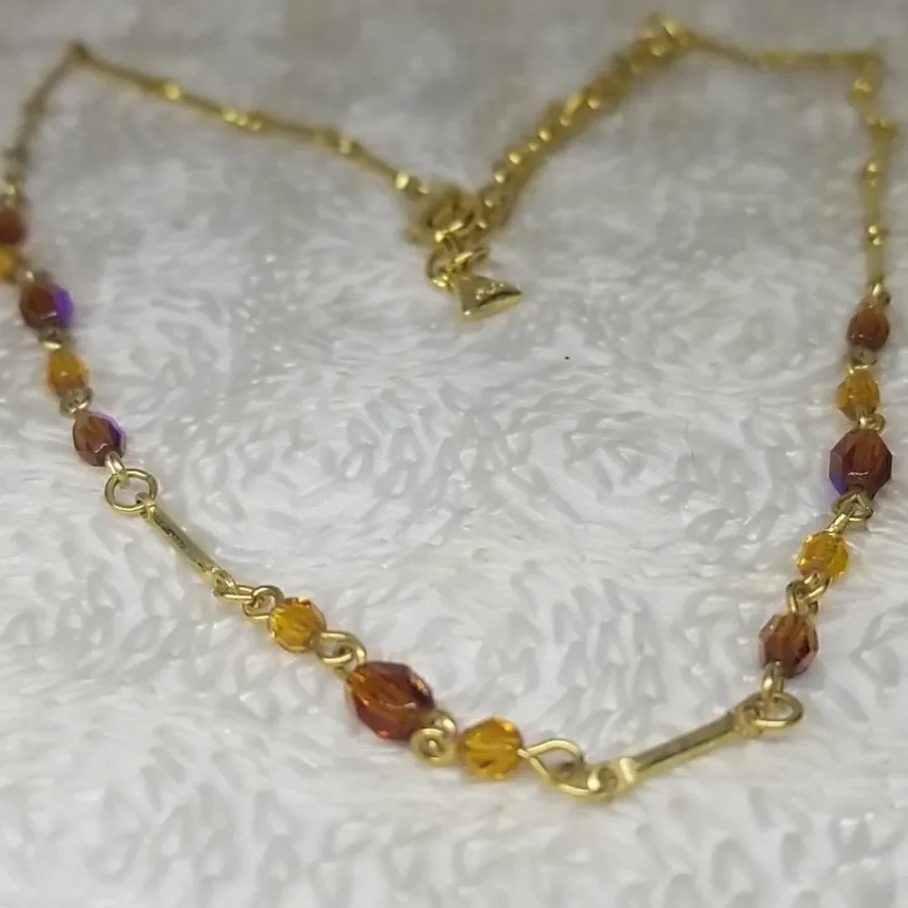 LCI Liz Claiborne Necklace Crystal Brown Beads Gold Tone Links Necklace